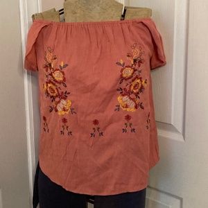 Mine orange floral embroidered off shoulder top